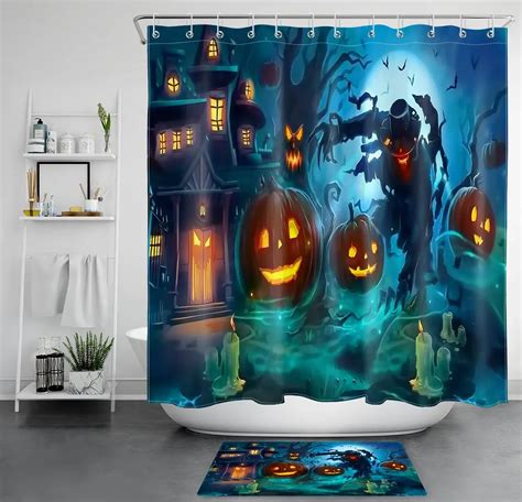 Spooky Halloween Decor Shower Curtain With Ghosts Scarecrows And