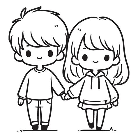 Line art drawing of a boy and a girl holding hands, capturing a moment ...