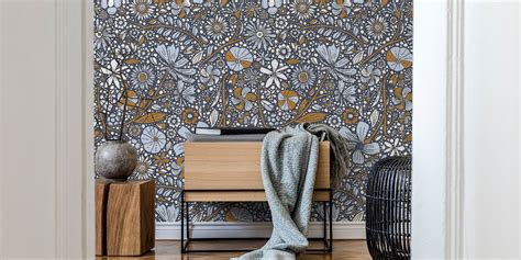 Maximalist Bohemian Floral Pattern Blue Caramel Wallpaper Buy Online