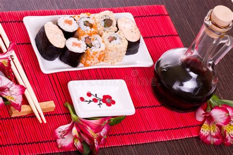 Set Of Sushi Rolls On The White Plate Stock Image Image Of Healthy