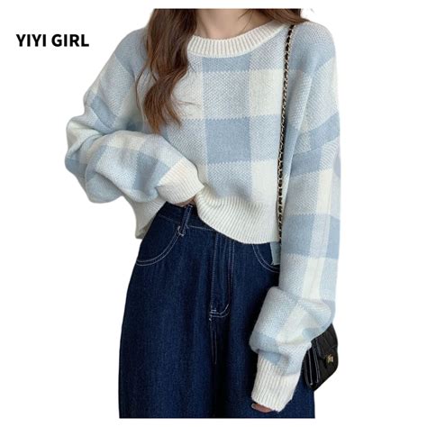 YIYI GIRL Knitted Sweater Round Neck Long Sleeve Loose Korean Retro ...