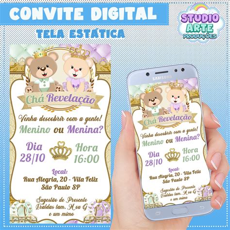 Convite Digital Chá Revelação Ursinhos Realeza Verde E Lilás