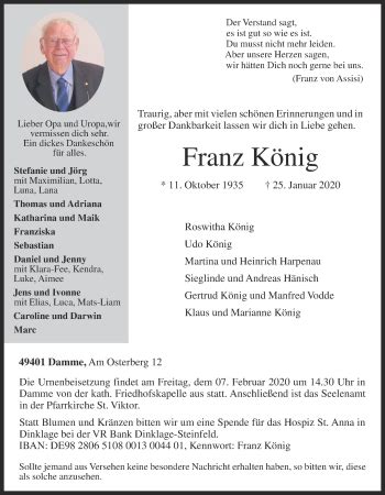 Traueranzeigen Von Franz K Nig Om Trauer De