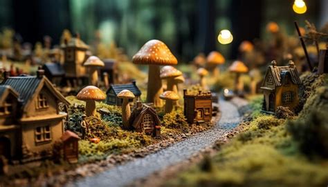 Un Primer Plano De Un Pueblo En Miniatura En La Superficie De Un Hongo