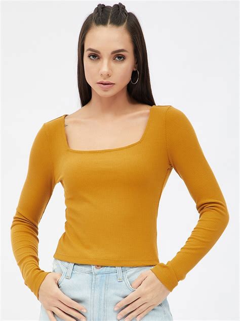 Buy Harpa Women Mustard Yellow Solid Fitted Crop Top Tops For Women