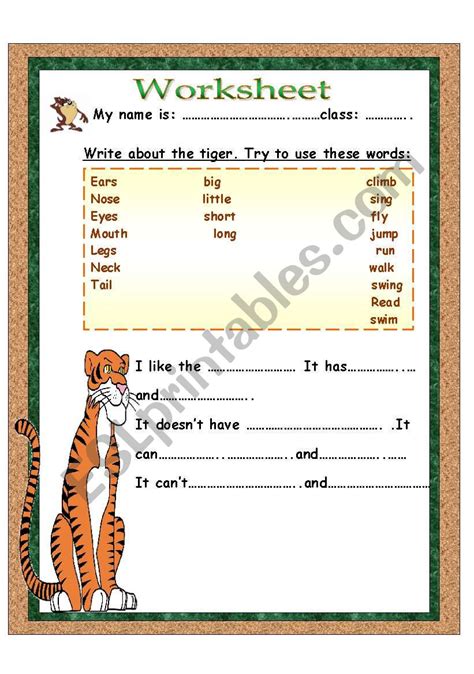 Write About The Tiger Esl Worksheet By Glamorous