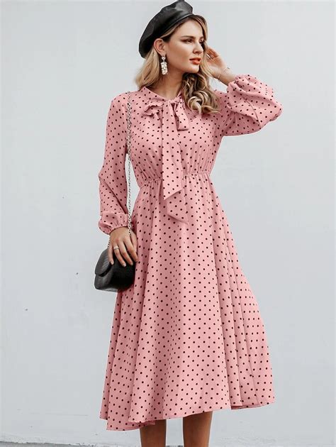 Simplee Tie Neck Lantern Sleeve Polka Dot Dress Polka Dot Dress