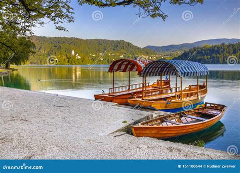 Traditional Pletna Boats On Lake Bled In Slovenia Stock Photo Image