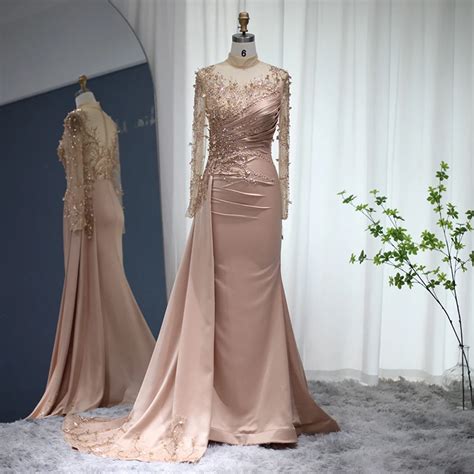 Lscz Rose Gold Mermaid Arabic Evening Dresses Long Sleeve Luxury