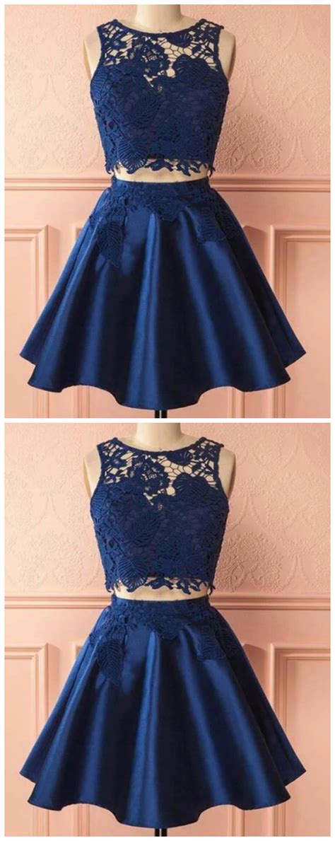 2 Pieces Navy Blue Homecoming Dress Satin Two Pieces Lace Homecoming