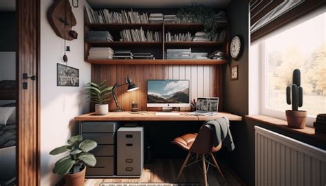 Premium AI Image | A home office with a wooden desk and a chair.