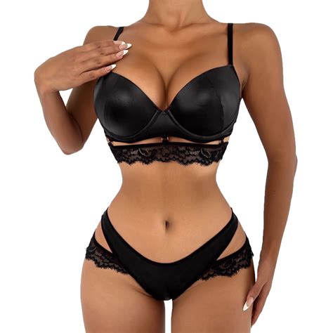 Ierhent Bow Lace Sheer Lingerie Set For Women Bra And Panty M Black