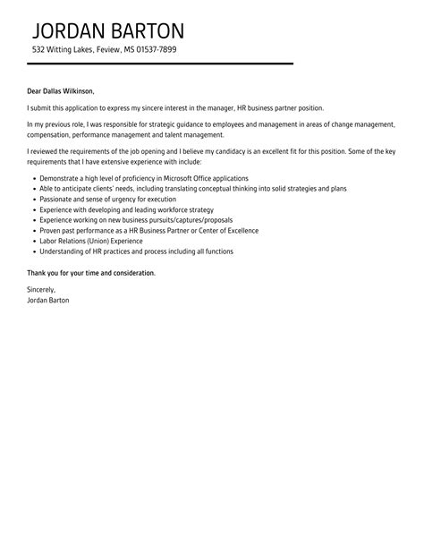 Manager HR Business Partner Cover Letter Velvet Jobs