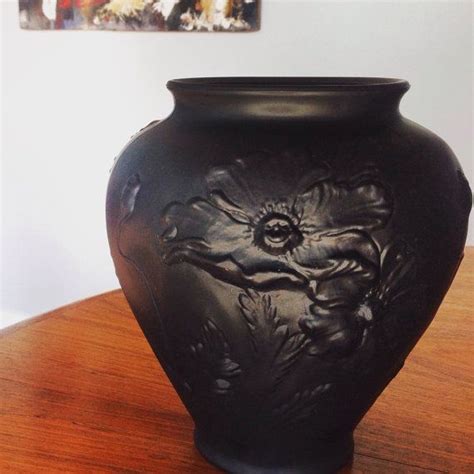 Art Nouveau Large Black Satin Poppy Glass Vase By Tiffin Tiffin Black