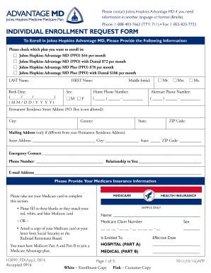 Fillable Online Individual Enrollment Request Form Hopkinsmedicare