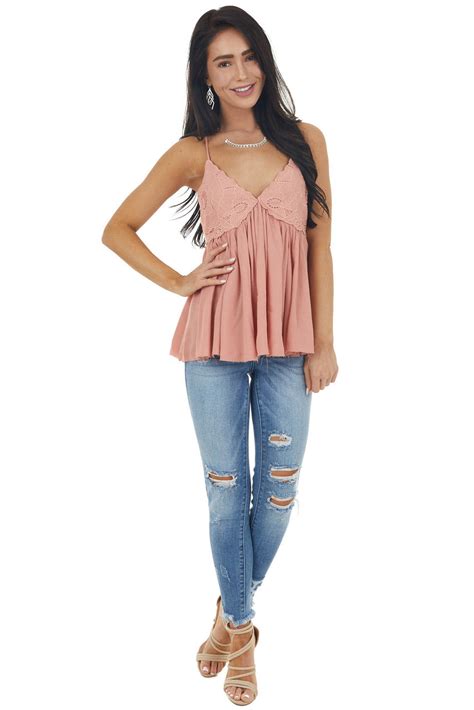 Peach Lace Sleeveless Babydoll Top With Crisscross Straps Lime Lush