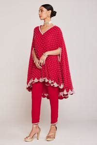 Buy Red Georgette Embellished Pearls V Neck Asymmetric Cape And Pant