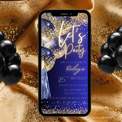 Digital Navy Gold Birthday Party Invitation Electronic Navy Blue Gold Balloons Phone Text