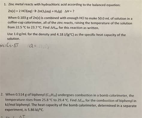 Solved Zinc Metal Reacts With Hydrochloric Acid According To The Balanced 1 Answer