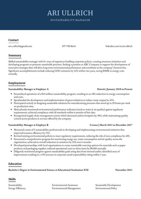 Sustainability Manager Resume Cv Example And Writing Guide