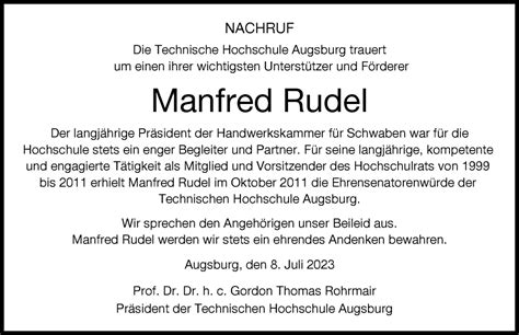 Traueranzeigen Von Manfred Rudel Augsburger Allgemeine Zeitung