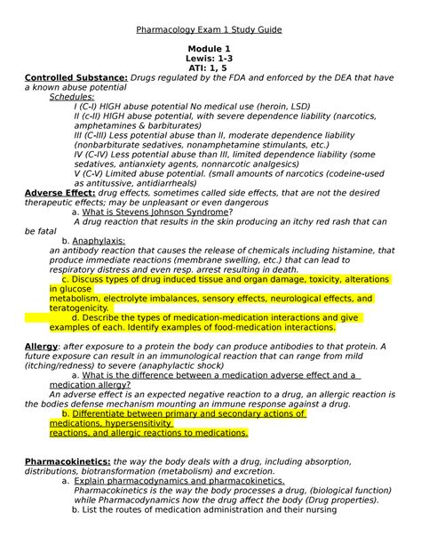 Pharmacology Exam Study Guide Module Nur Studocu