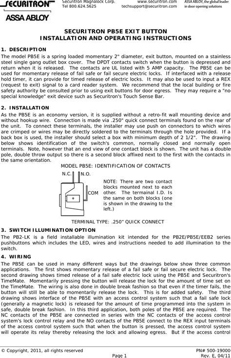 Securitron Pb5e 500 19000e Installation And Operating Instructions Io 19000 20e