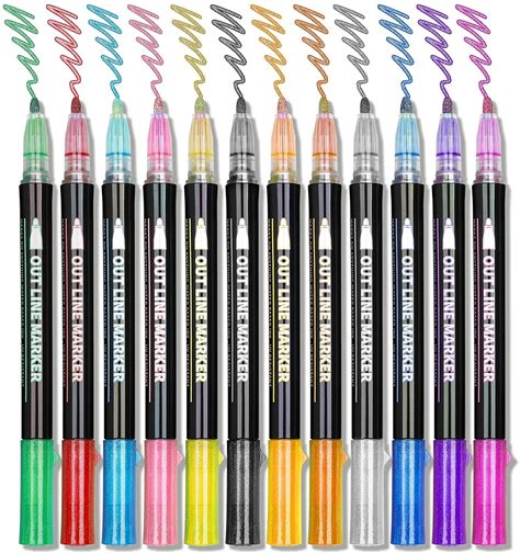 Double Line Markers Outline Pens Set - 12 Glitter Colors for DIY Art ...