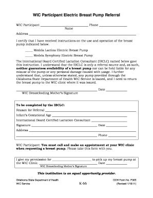 Wic Participant Electric Breast Pump Referral Ou Medicine Form Fill