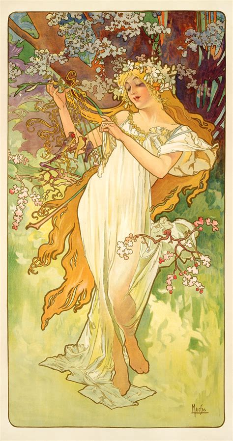 seasons  alfons mucha  puppies  flowers