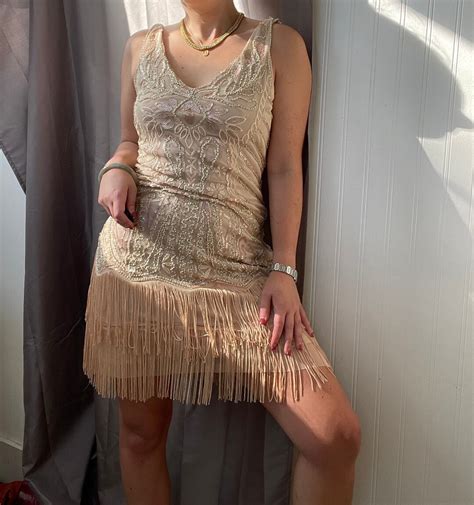 Vintage Asymmetrical Beaded Sparkle Fringe Dress In Gold 90s Etsy