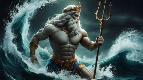 Premium Photo Generative Ai Illustration Of Muscular Bearded Poseidon In Golden Crown Standing