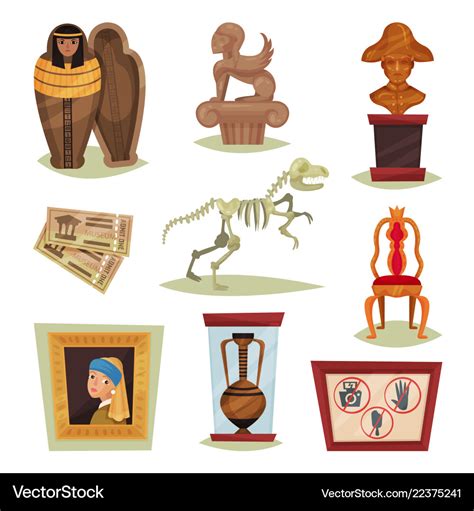 Flat set of 9 different museum objects Royalty Free Vector