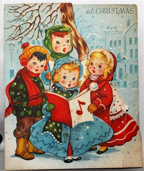 Children Singing Carols Songbook Snowing Vintage Christmas Greeting