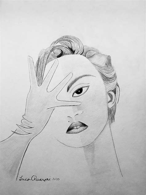 A Pencil Drawing Of A Woman S Face With Her Hand On The Nose And Fingers Up