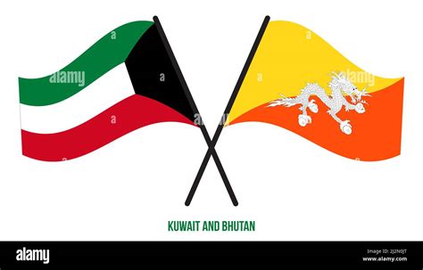 Kuwait And Bhutan Flags Crossed And Waving Flat Style Official