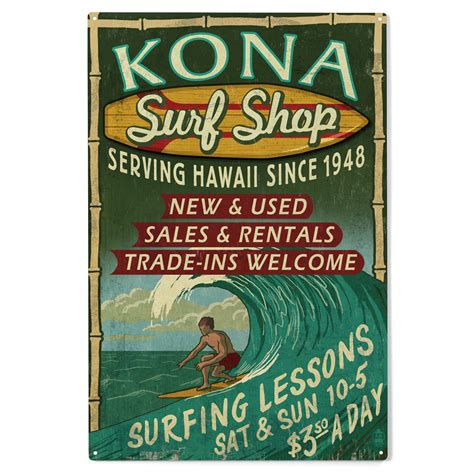 Kona Hawaii Surf Shop Vintage Sign Birch Wood Wall Sign 10x15 Rustic