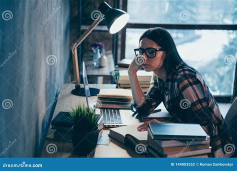 Profile Side View Of Nice Attractive Charming Smart Clever Brunette Lady In Checked Shirt Tired