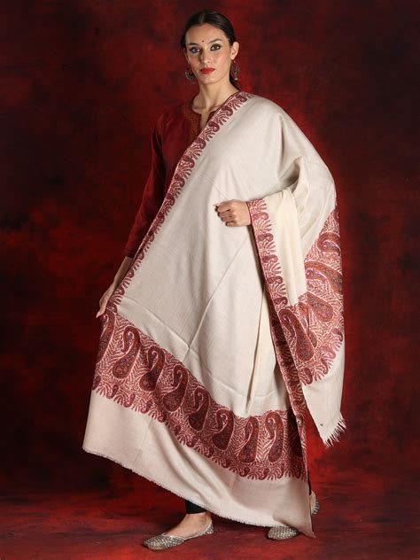 Pure Pashmina Off White Colored Silk Sozni Embroidered Palledar Shawl