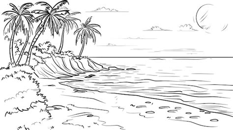 Un Dibujo De Un Surfista En Una Playa Con Una Palmera En El Fondo