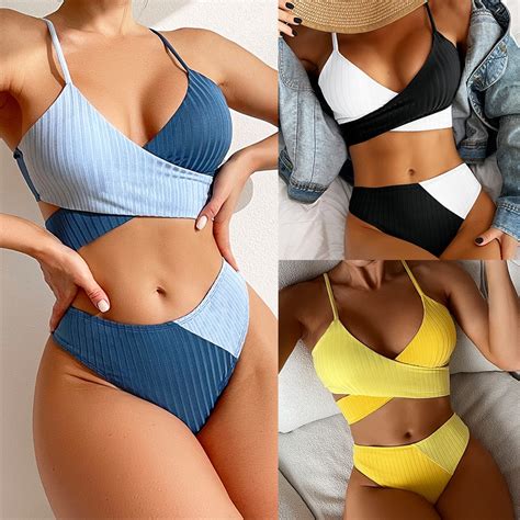 Bikini De Las Señoras De Color Sólido Coincidencia Gruesa Franja De Hoyo Cruz Correa De Cintura