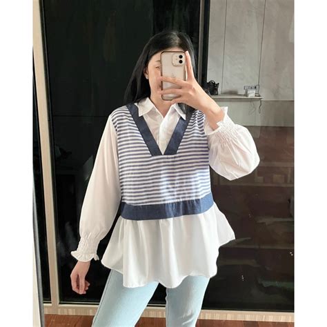 Jual Eska Clothing Amelia Stripes Blouse Kemeja Kaos Blus Atasan Top