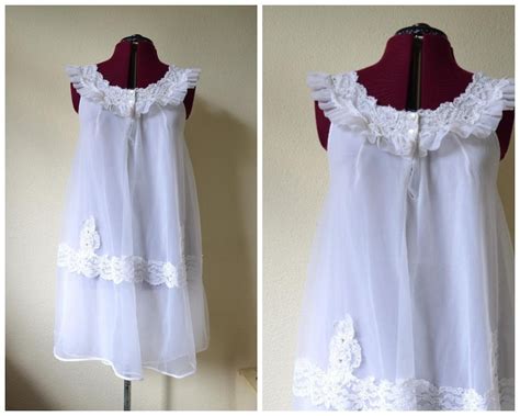 Vintage 1960 S 50s White Baby Doll Negligee Nightie Night Dress Lingerie Lace Rhinestone