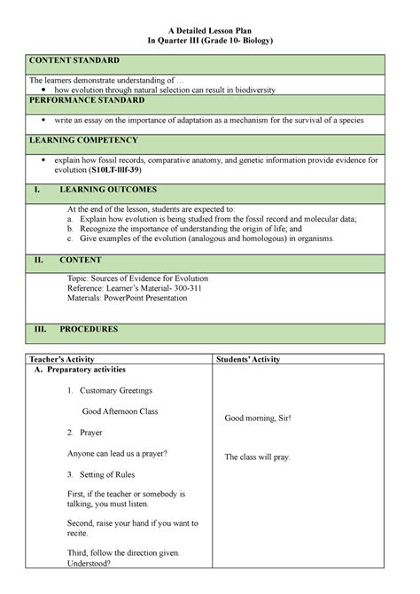 Dlp Sources Of Evidence Fo Evolution A Detailed Lesson Plan In