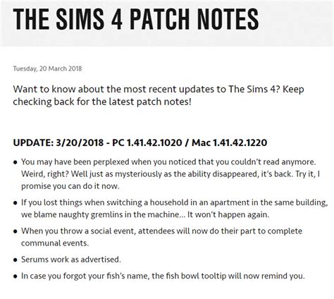 Sims 4 Funniest Patch Notes