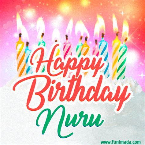 Happy Birthday  For Nuru With Birthday Cake And Lit Candles — Download On