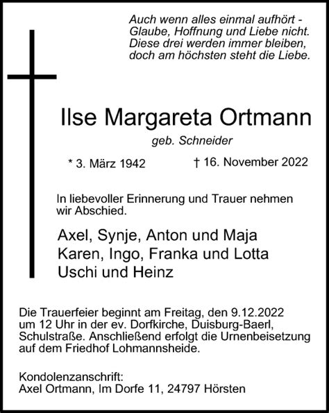 Traueranzeigen Von Ilse Margareta Ortmann Trauer In Nrw De