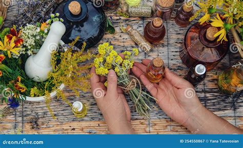 Mujer Con Hierbas Medicinales Y Tinturas Foco Selectivo Imagen De Archivo Imagen De