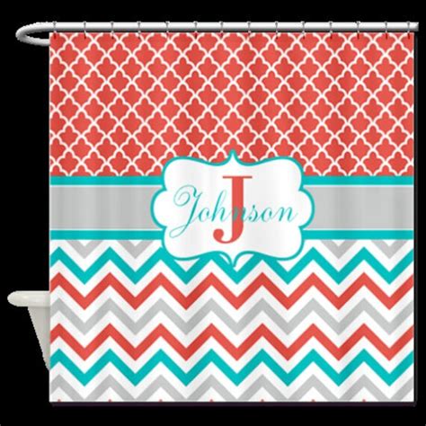 Coral Teal Quatrefoil Chevron Monogram Fabric Shower Curtain