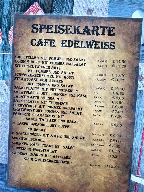 Speisekarte Von Cafe Restaurant Edelwei Gemeinde Reutte